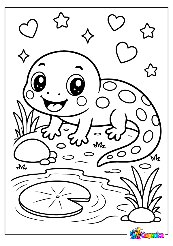 Cute cartoon salamander with a rounded head, spotted body, long curved tail, tiny feet, and a happy smile exploring the edge of a pond with a lily pad and plants.