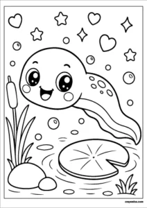 Cute kawaii tadpole with a smiling face coloring page.