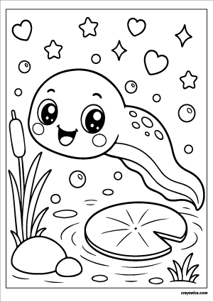 Cute kawaii tadpole with a smiling face coloring page.