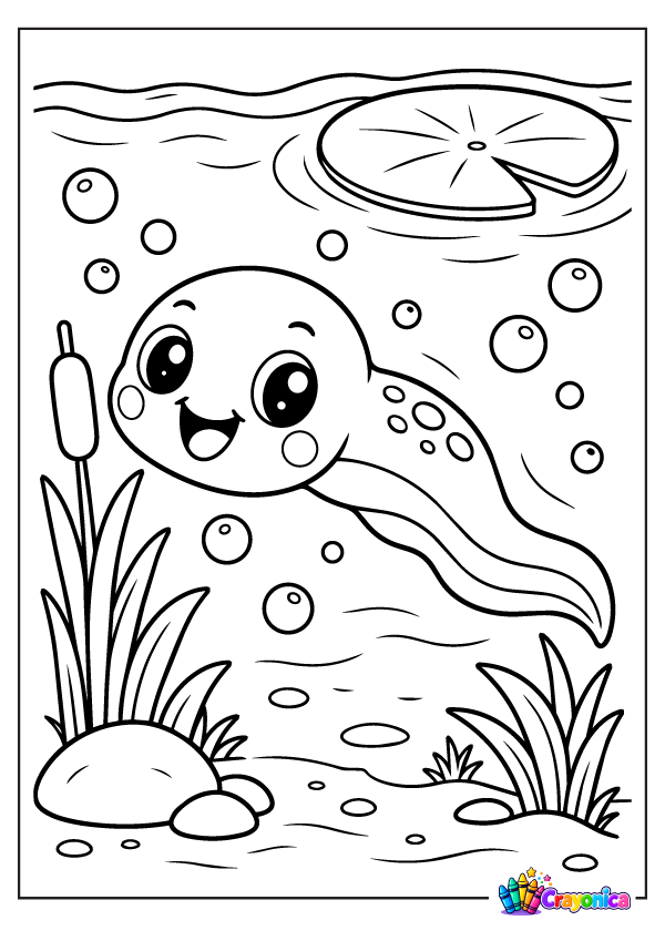 Cute cartoon tadpole with a round head, big sparkling eyes, a long curved tail, and a happy smile swimming among bubbles, pond plants, rocks, and a lily pad.