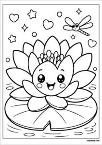Cute kawaii water lily with a smiling face coloring page.