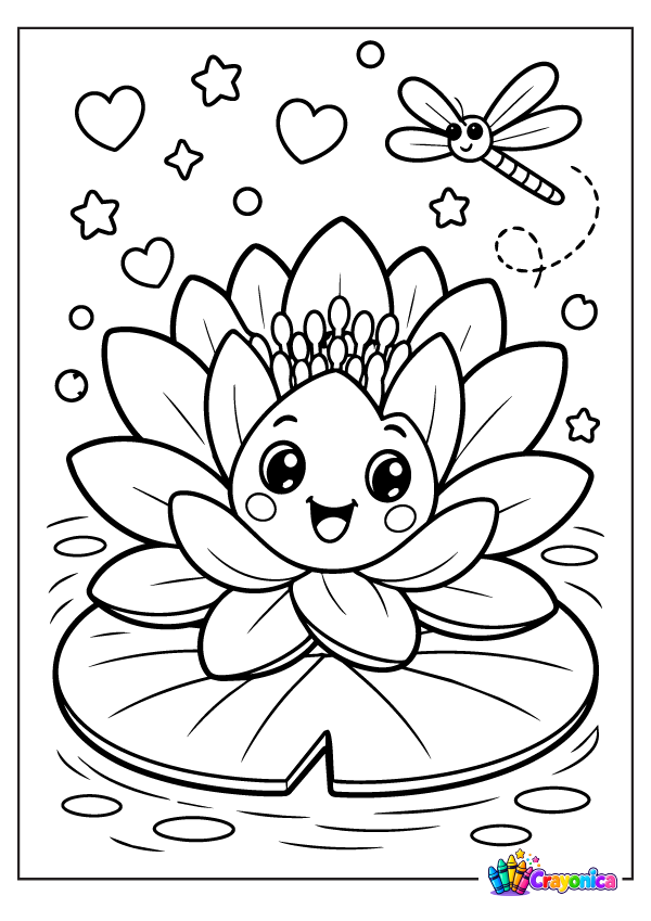 Cute smiling water lily flower with rounded petals growing on a floating lily pad, with a little dragonfly, pond ripples, and decorative hearts and stars.