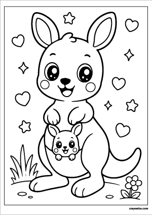 Cute kawaii kangaroo with a smiling face coloring page.