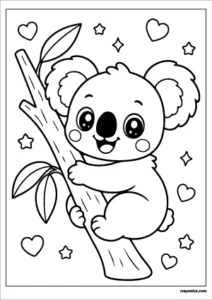Cute kawaii koala with a smiling face coloring page.