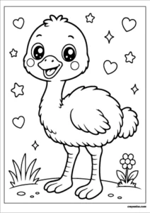 Cute kawaii emu with a smiling face coloring page.