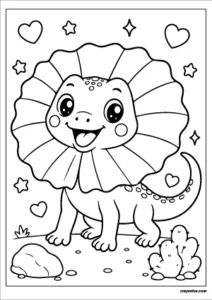 Cute kawaii frilled lizard with a smiling face coloring page.