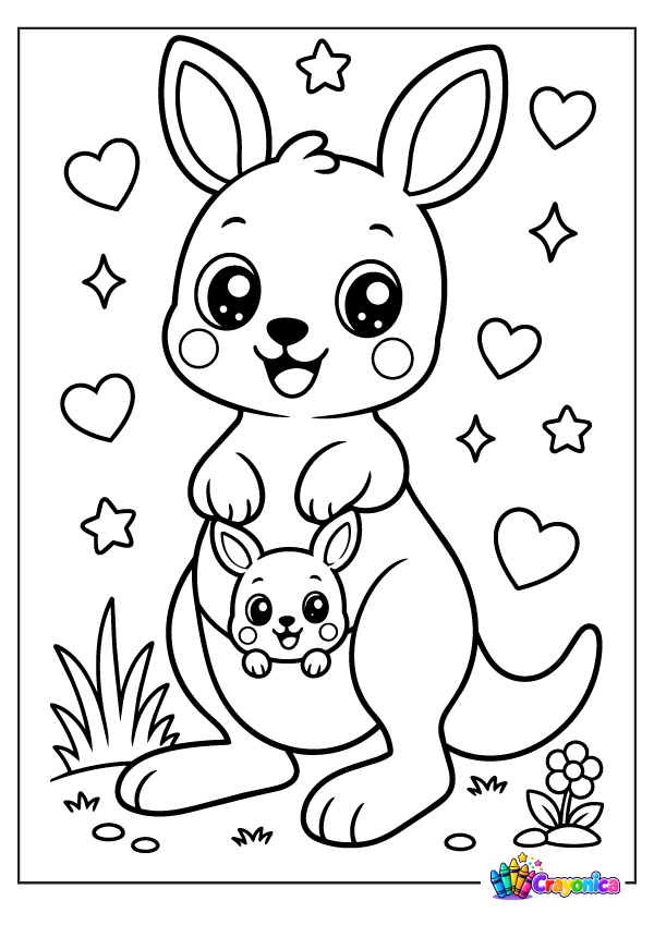 Cute cartoon kangaroo standing with a baby joey peeking out from its pouch, surrounded by small plants, flowers, hearts, and stars.