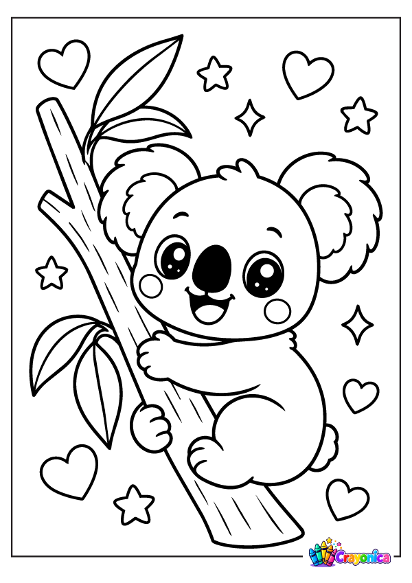Cute cartoon koala with a big round nose hugging a eucalyptus tree branch, surrounded by leaves, hearts, and stars.