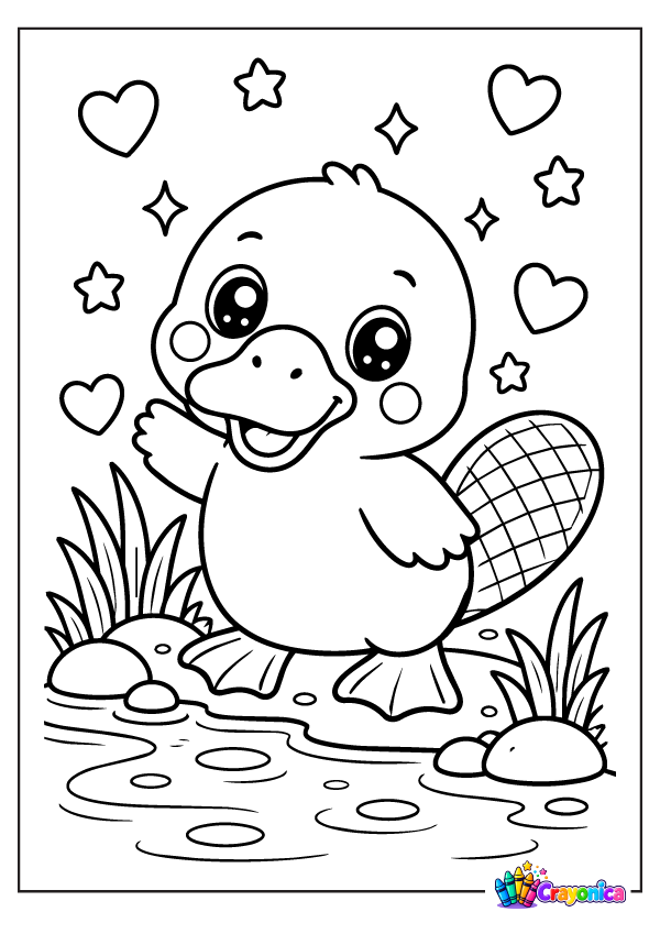 Cute cartoon platypus with a broad duck-like bill, webbed feet, a flat crosshatched tail, and a happy smile standing beside a shallow stream with rocks and grass.