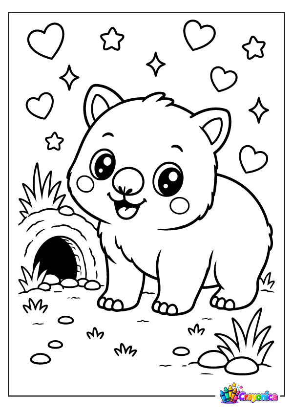 Cute cartoon wombat standing beside its burrow, with round ears, a chubby body, short legs, a smiling face, and tufts of grass nearby.