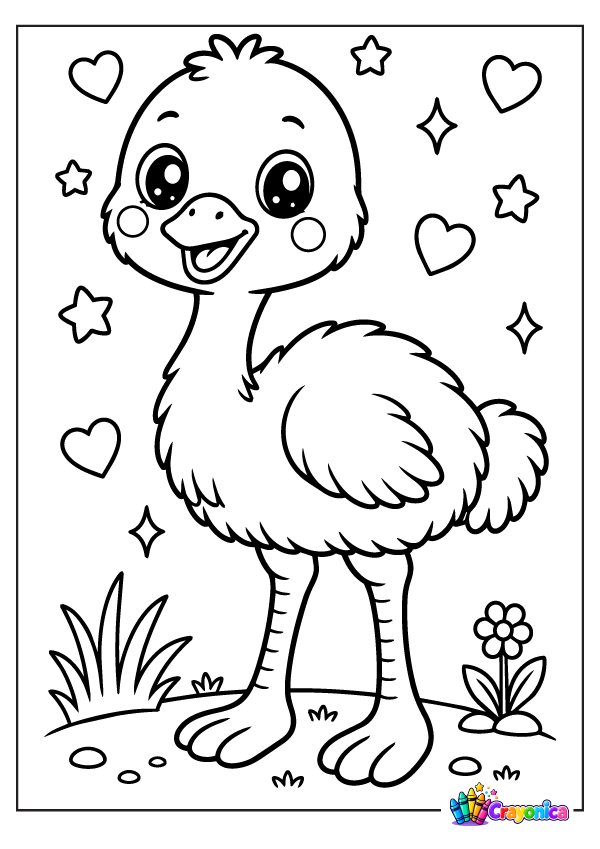 Cute cartoon emu with fluffy feathers, big sparkling eyes, a rounded beak, and long legs standing beside grass and a small flower.
