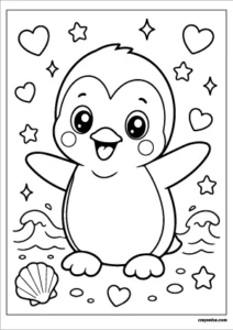 Cute kawaii little penguin with a smiling face coloring page.