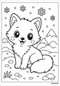 Cute kawaii arctic fox with a smiling face coloring page.