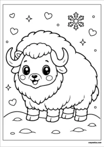 Cute kawaii musk ox with a smiling face coloring page.