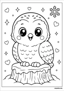 Cute kawaii snowy owl with a smiling face coloring page.