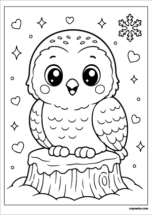 Cute kawaii snowy owl with a smiling face coloring page.