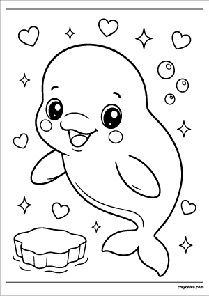 Cute kawaii beluga whale with a smiling face coloring page.
