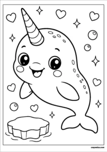Cute kawaii narwhal with a smiling face coloring page.