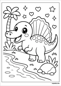 Cute kawaii Spinosaurus with a smiling face coloring page.