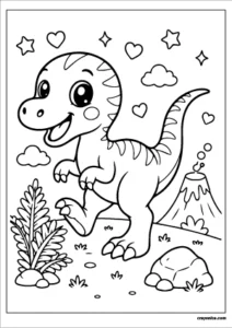 Cute kawaii Velociraptor with a smiling face coloring page.