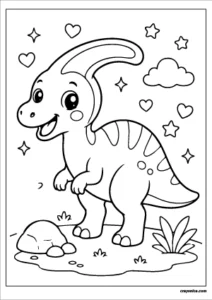 Cute kawaii Parasaurolophus with a smiling face coloring page.
