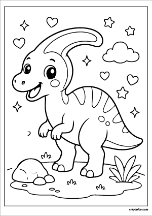 Cute kawaii Parasaurolophus with a smiling face coloring page.