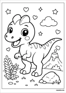 Cute kawaii Dilophosaurus with a smiling face coloring page.