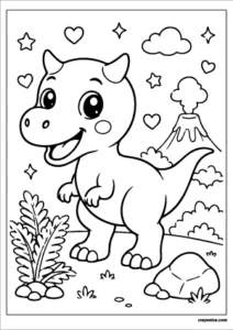 Cute kawaii Carnotaurus with a smiling face coloring page.
