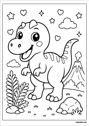 Cute kawaii Allosaurus with a smiling face coloring page.