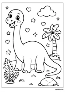 Cute kawaii Diplodocus with a smiling face coloring page.