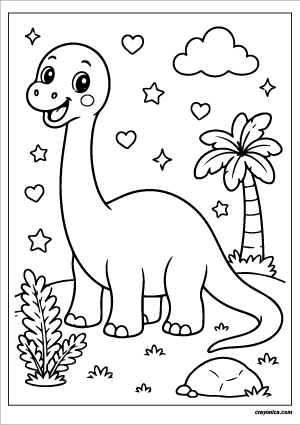 Cute kawaii Diplodocus with a smiling face coloring page.