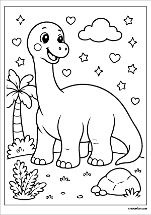 Cute kawaii Apatosaurus with a smiling face coloring page.
