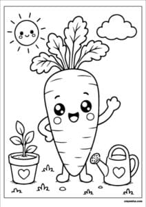Cute carrot coloring page with a happy smiling face and bold outlines for kids.