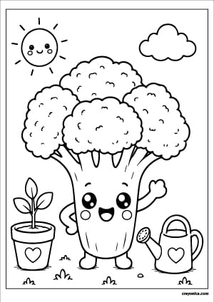 Cute broccoli coloring page with a happy smiling face and bold outlines for kids.