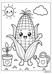 Cute corn coloring page with a happy smiling face and bold outlines for kids.