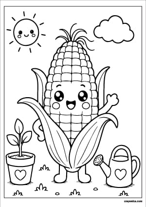 Cute corn coloring page with a happy smiling face and bold outlines for kids.