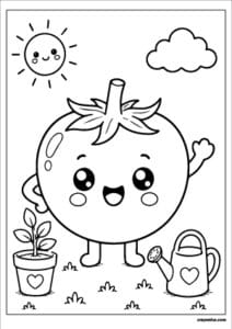 Cute tomato coloring page with a happy smiling face and bold outlines for kids.