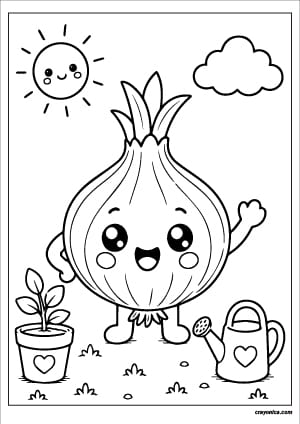 Cute onion coloring page with a happy smiling face and bold outlines for kids.