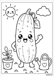 Cute cucumber coloring page with a happy smiling face and bold outlines for kids.