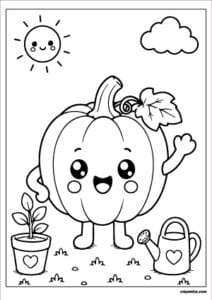 Cute pumpkin coloring page with a happy smiling face and bold outlines for kids.
