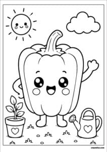 Cute bell pepper coloring page with a happy smiling face and bold outlines for kids.