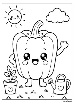 Cute bell pepper coloring page with a happy smiling face and bold outlines for kids.