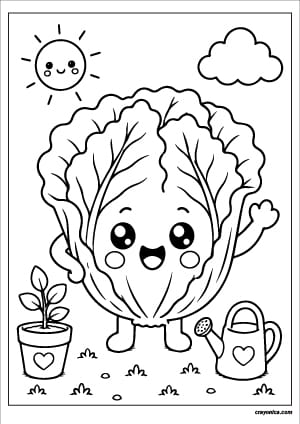 Cute lettuce coloring page with a happy smiling face and bold outlines for kids.