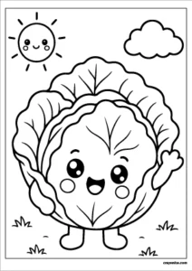 Cute cabbage coloring page with a happy smiling face and bold outlines for kids.