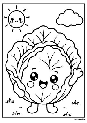 Cute cabbage coloring page with a happy smiling face and bold outlines for kids.