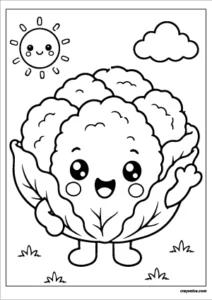 Cute cauliflower coloring page with a happy smiling face and bold outlines for kids.