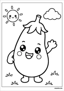 Cute eggplant coloring page with a happy smiling face and bold outlines for kids.