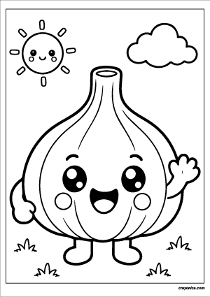 Cute garlic coloring page with a happy smiling face and bold outlines for kids.