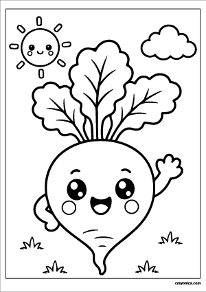 Cute radish coloring page with a happy smiling face and bold outlines for kids.