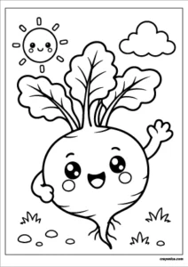 Cute beet coloring page with a happy smiling face and bold outlines for kids.